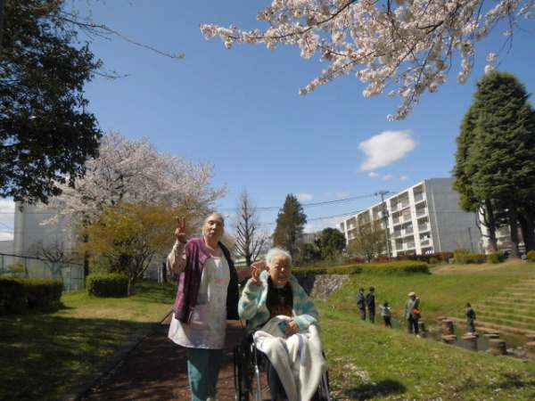 桜並木の河川敷で記念写真を撮るお客様