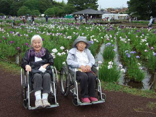 たくさんの菖蒲の花を背に笑顔で記念撮影しているところ